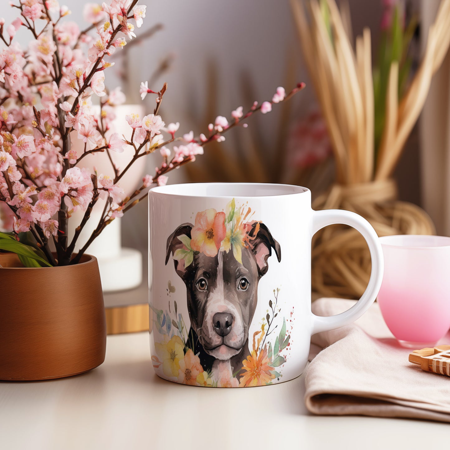 Hrnek s roztomilým pitbullem a květinovým motivem