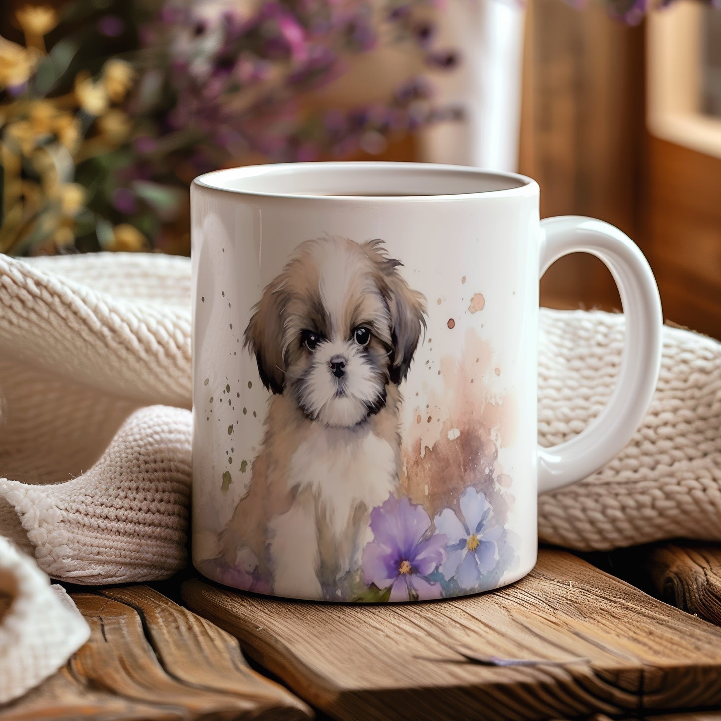 Hrnek s roztomilým štěňátkem a květinami (shih tzu| · psi #2)