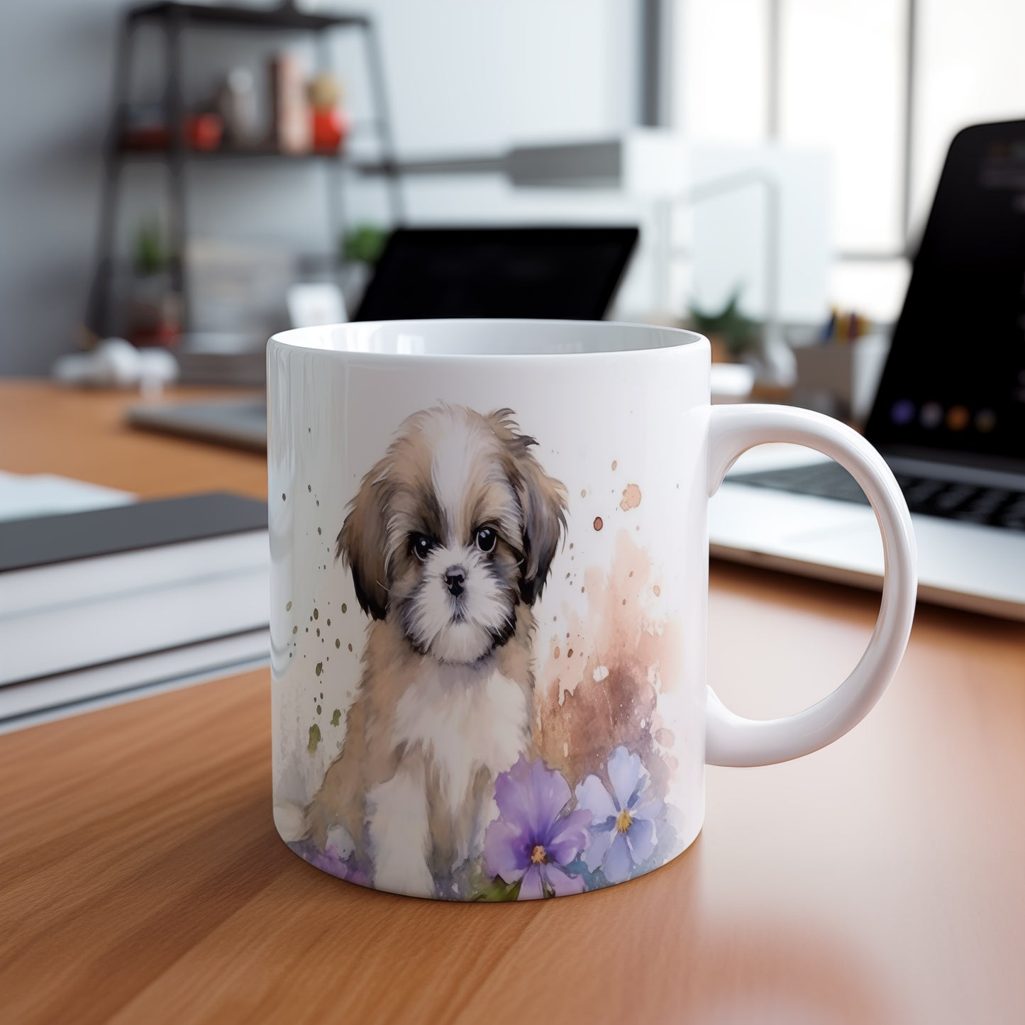 Hrnek s roztomilým štěňátkem a květinami (shih tzu| · psi #2)
