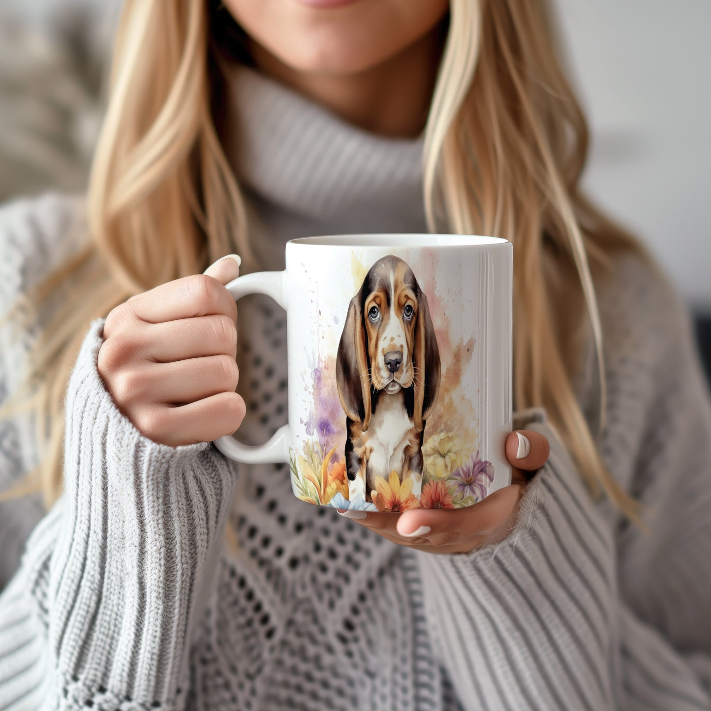 Hrnek s potiskem beagle štěněte a květin