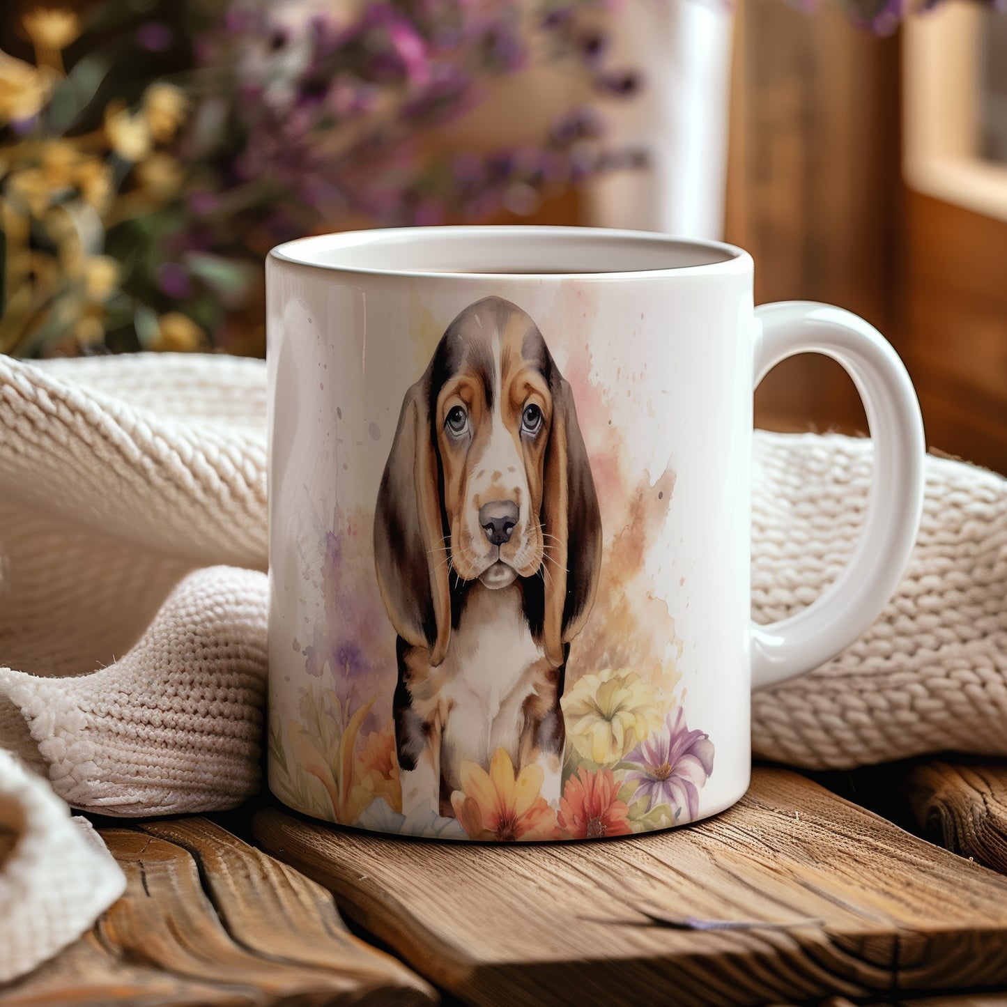 Hrnek s potiskem beagle štěněte a květin