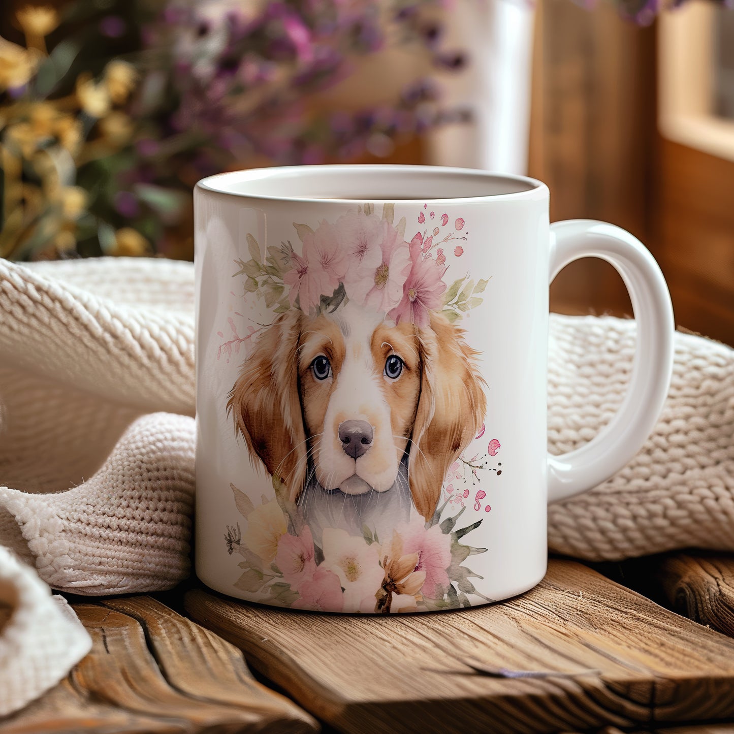 Hrnek s portrétem Beagle s květinovým věncem