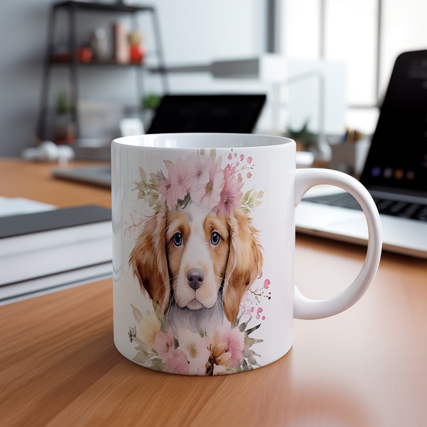 Hrnek s portrétem Beagle s květinovým věncem