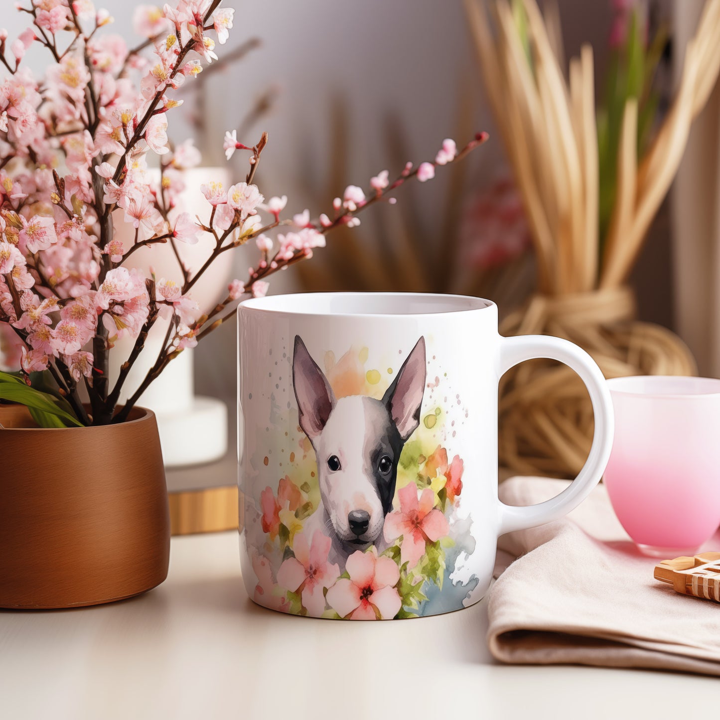 Hrnek s krásným štěnětem a květinami - originální design