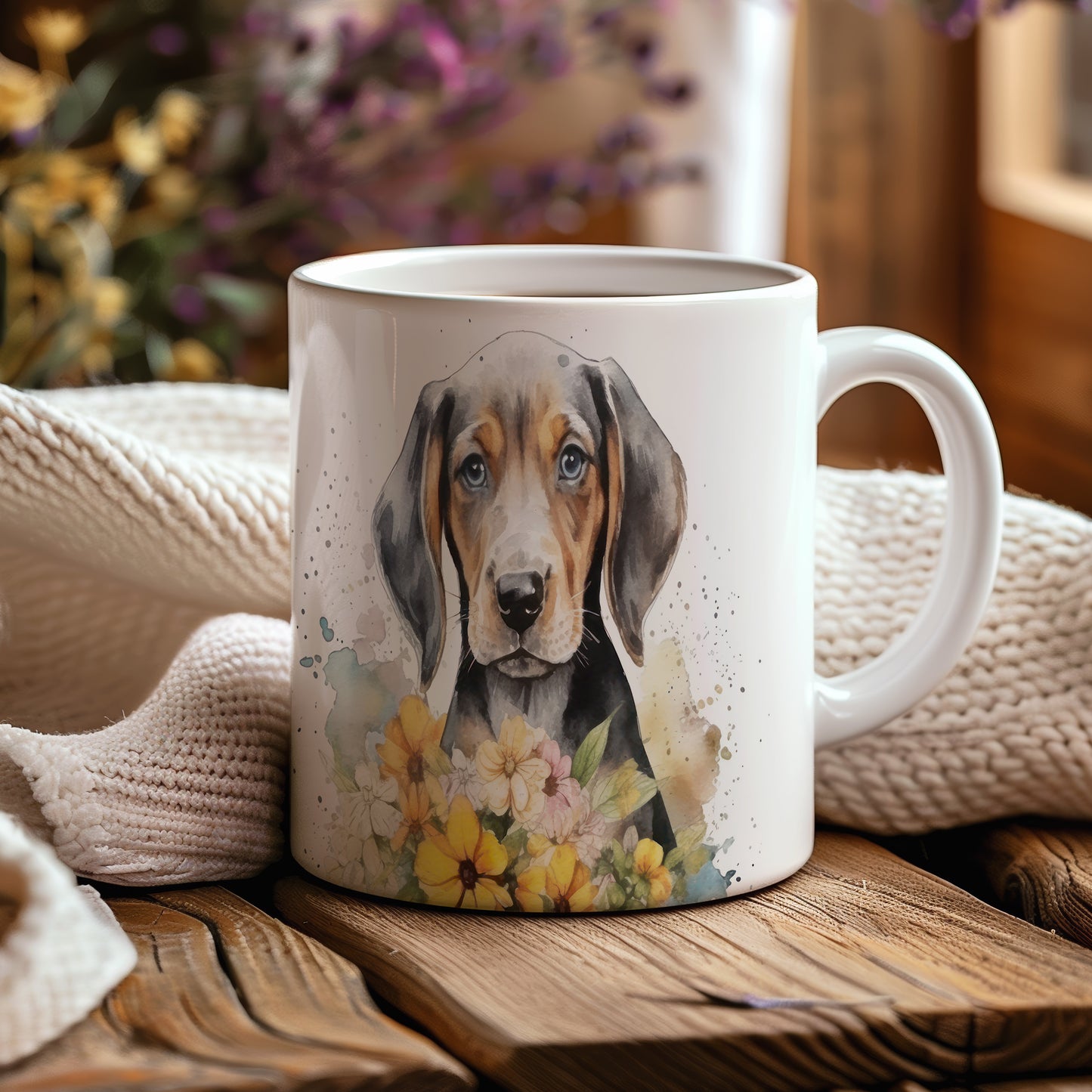 Hrnek s malovaným beagle štěnětem a květinami