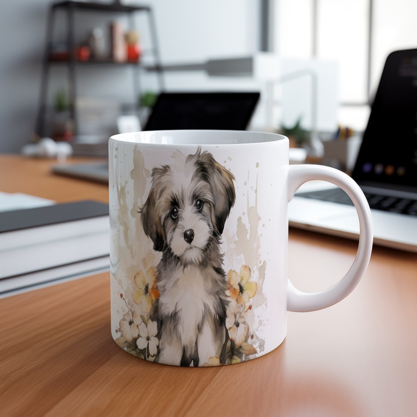 Hrnek s roztomilým štěňátkem a květinovým motivem – krásný design