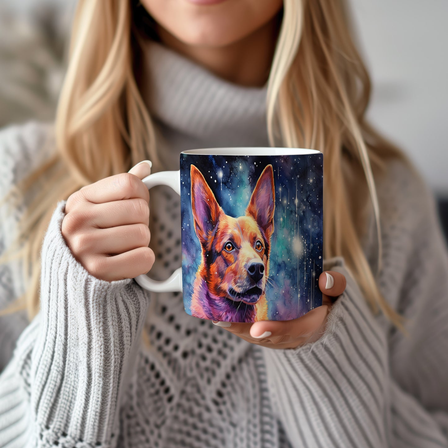 Hrnek s obrazem australského ovčáka v galaktickém designu