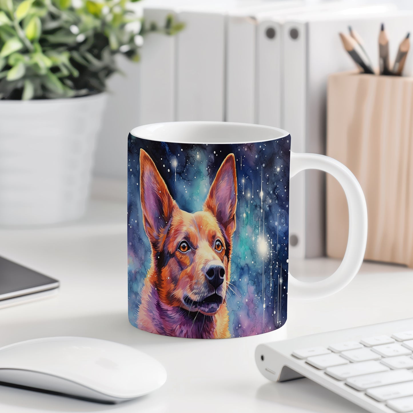 Hrnek s obrazem australského ovčáka v galaktickém designu