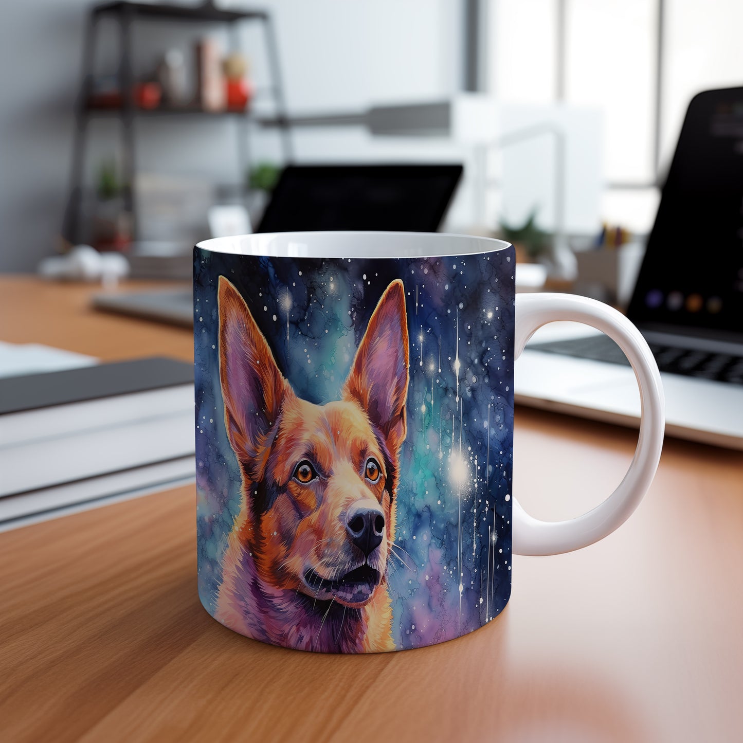 Hrnek s obrazem australského ovčáka v galaktickém designu