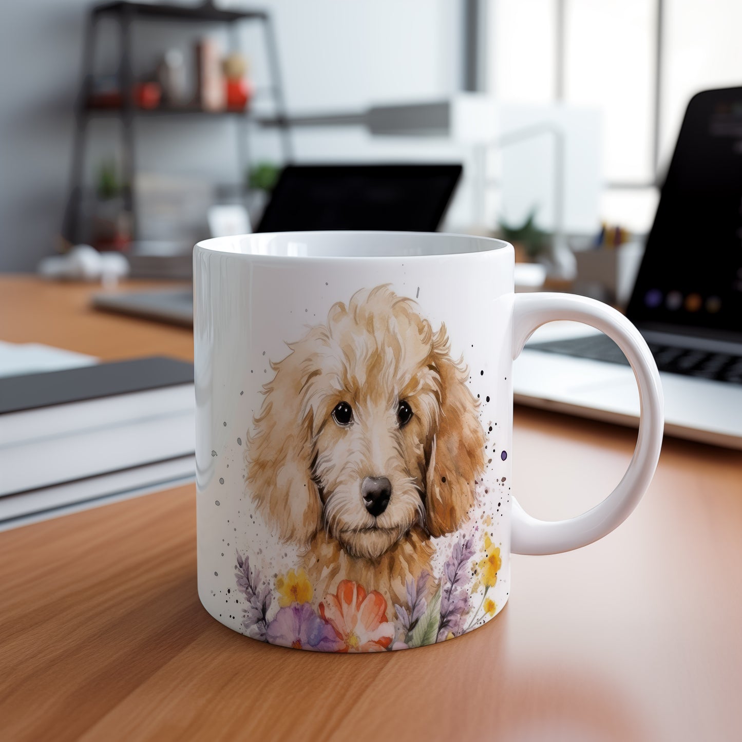 Hrnek s labradoodlem a květinami v fialových tónech