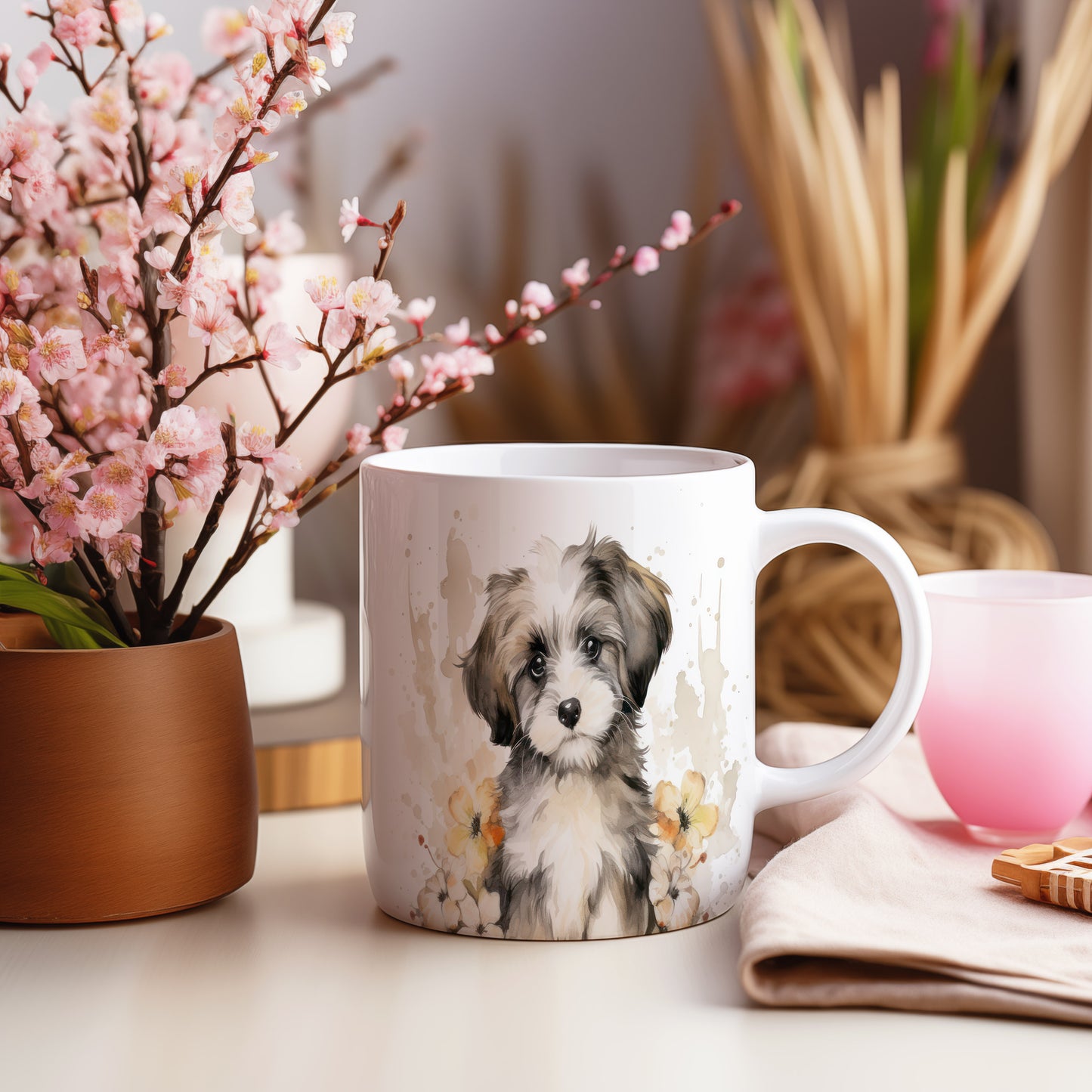 Hrnek s havanese štěnětem a květinami – výrazným designem