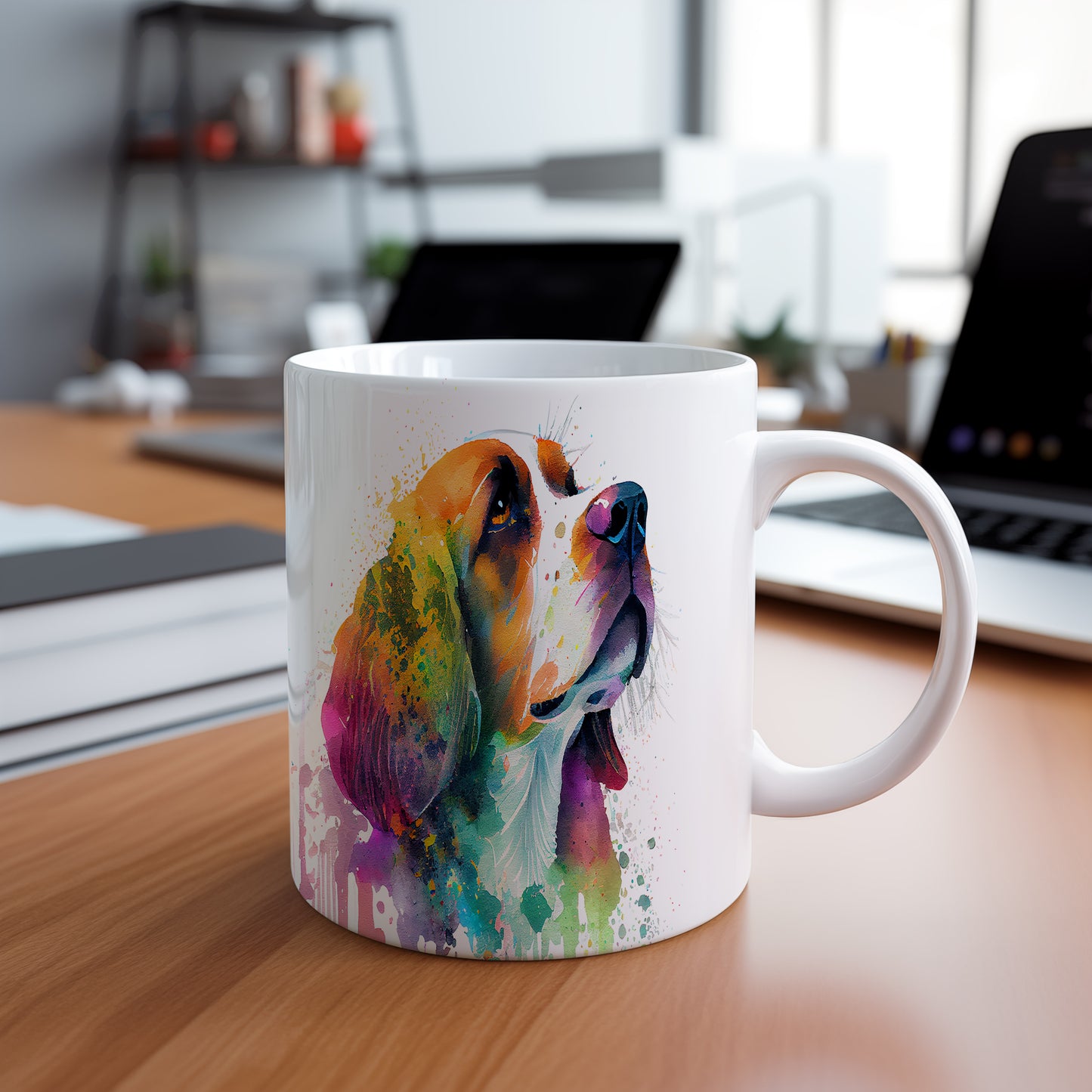 Barevný hrnek s malbou beagle - originální dárek pro milovníky psů