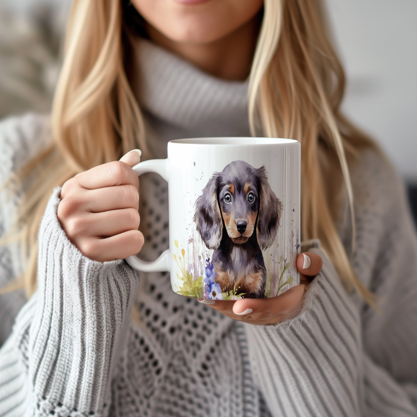 Hrnek s roztomilým dachshundem v květinovém stylu
