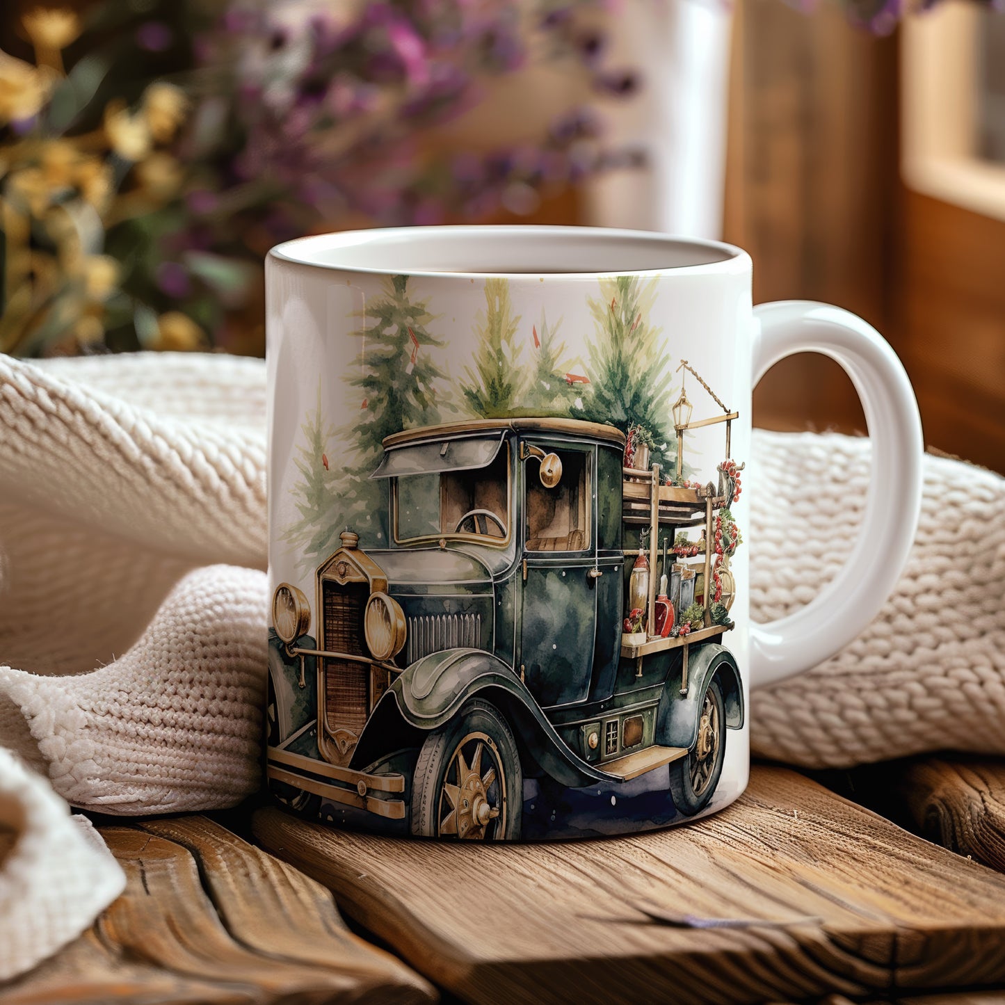 Hrnek s vintage autem a lesem – stylový doplněk pro milovníky designu