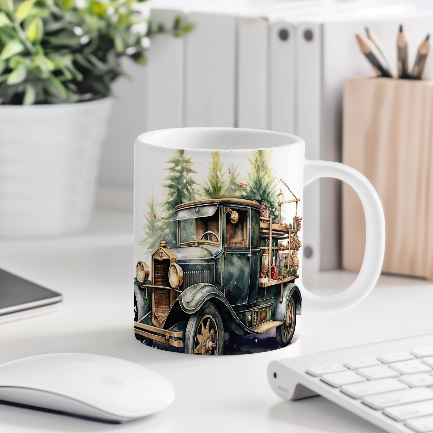Hrnek s vintage autem a lesem – stylový doplněk pro milovníky designu