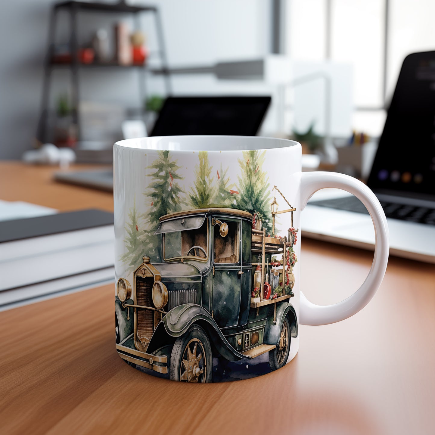 Hrnek s vintage autem a lesem – stylový doplněk pro milovníky designu