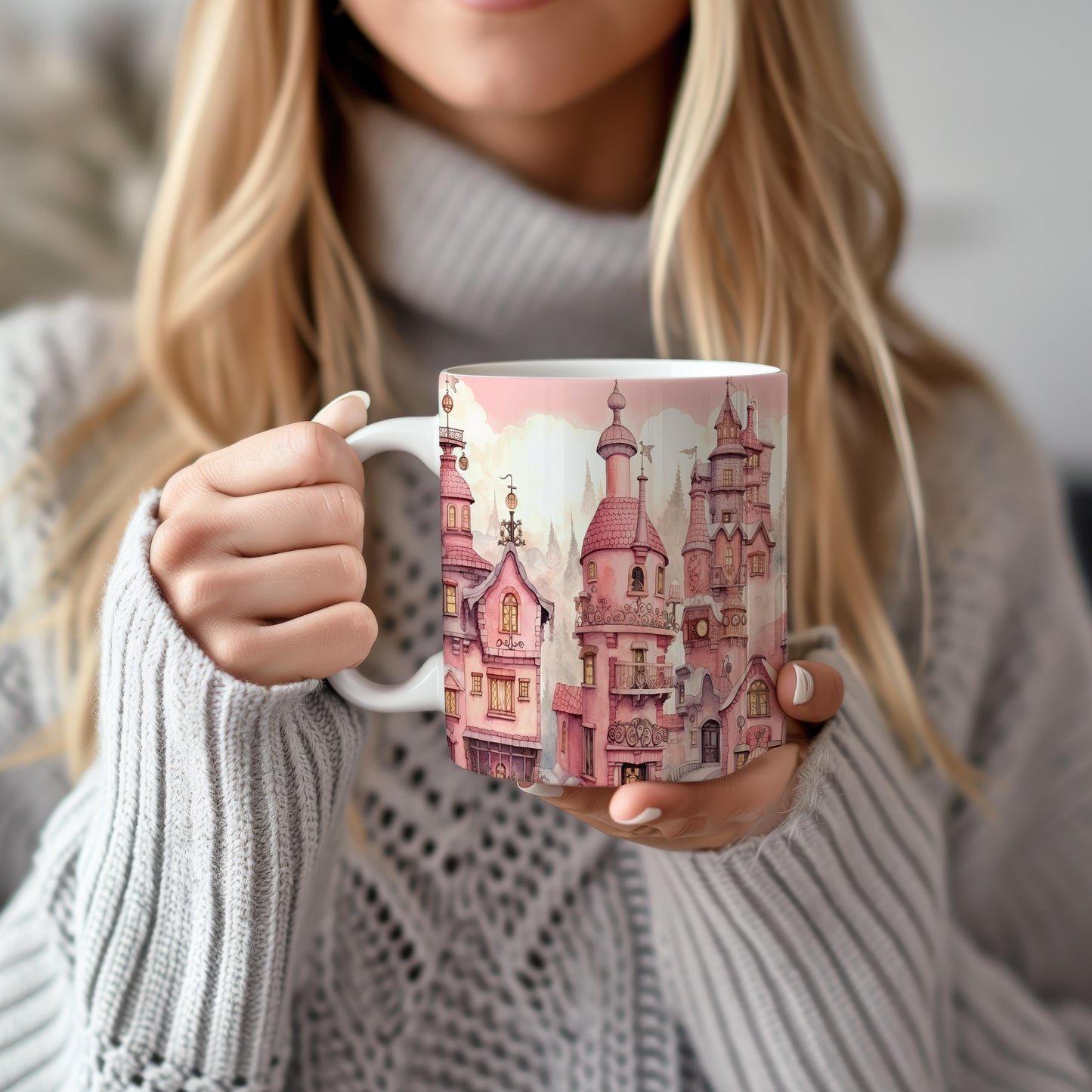 Hrnek s fantazijní architekturou v růžových tónech