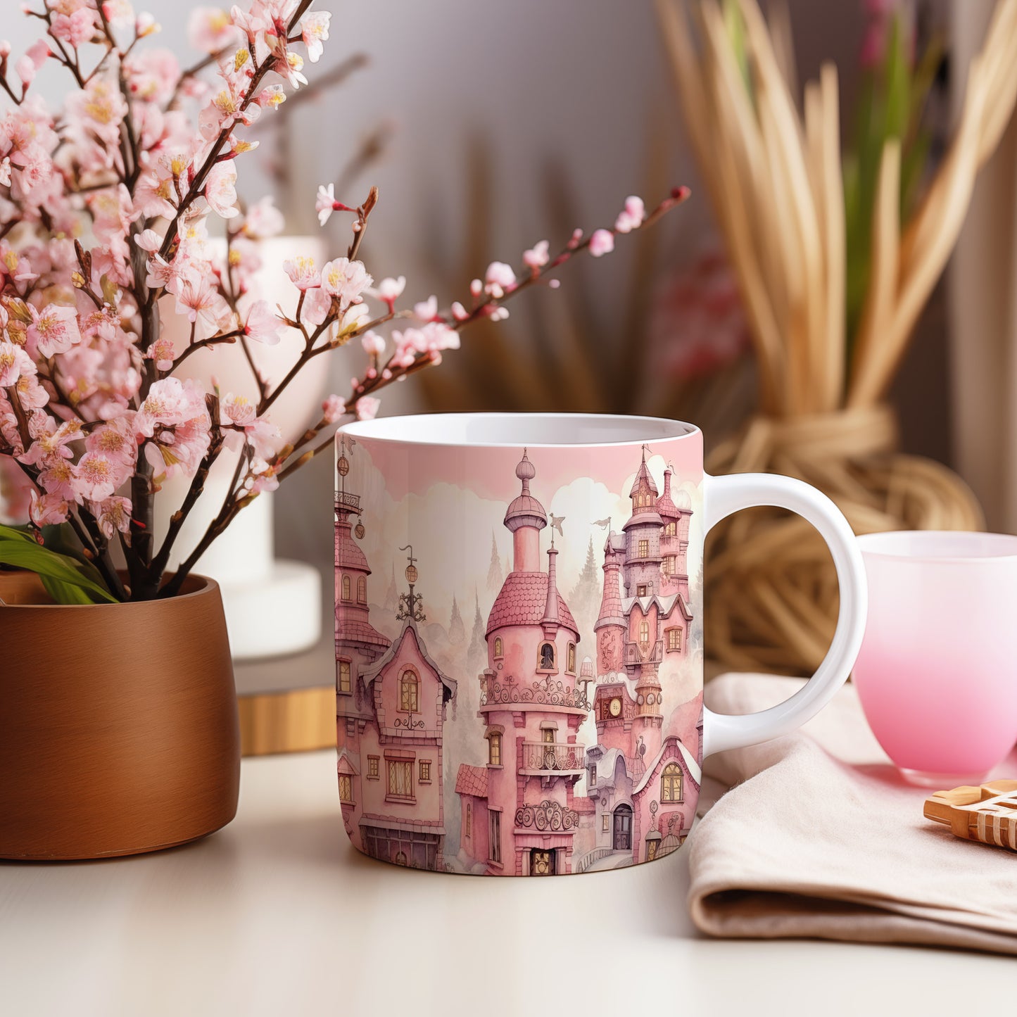 Hrnek s fantazijní architekturou v růžových tónech