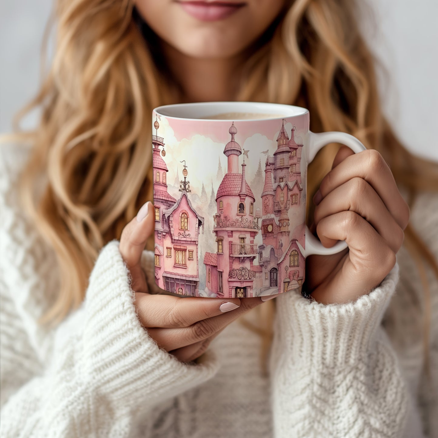 Hrnek s fantazijní architekturou v růžových tónech