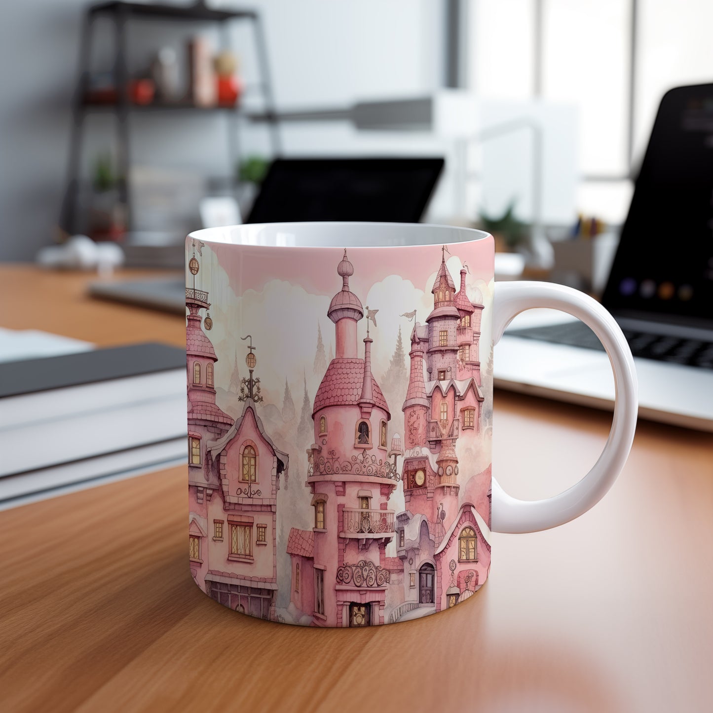 Hrnek s fantazijní architekturou v růžových tónech