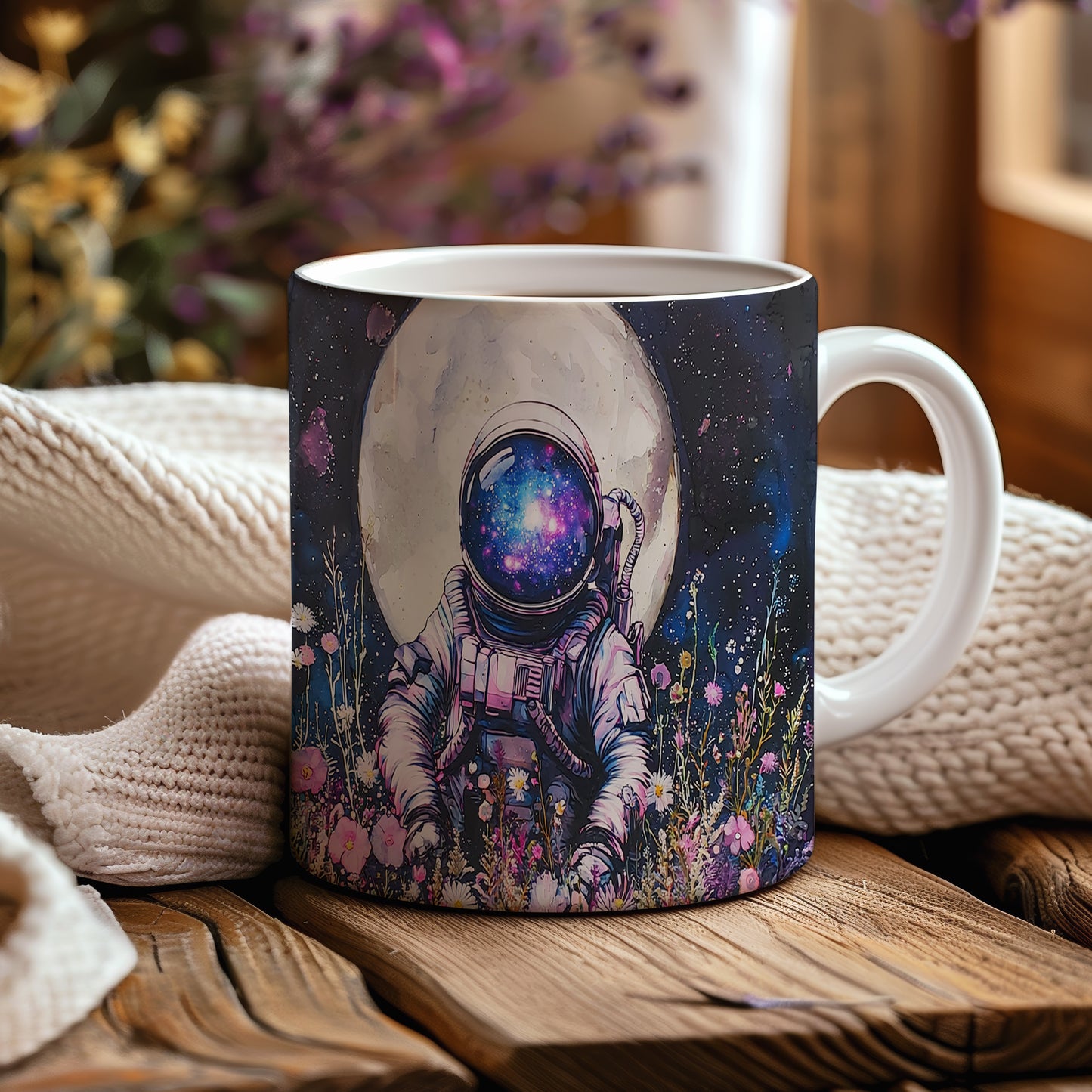 Hrnek s astronautem mezi květinami