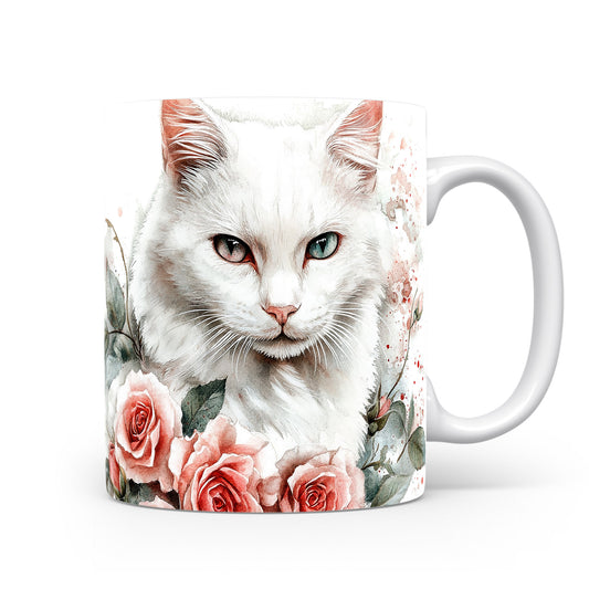 Elegantní hrnek s bílou kočkou a růžemi