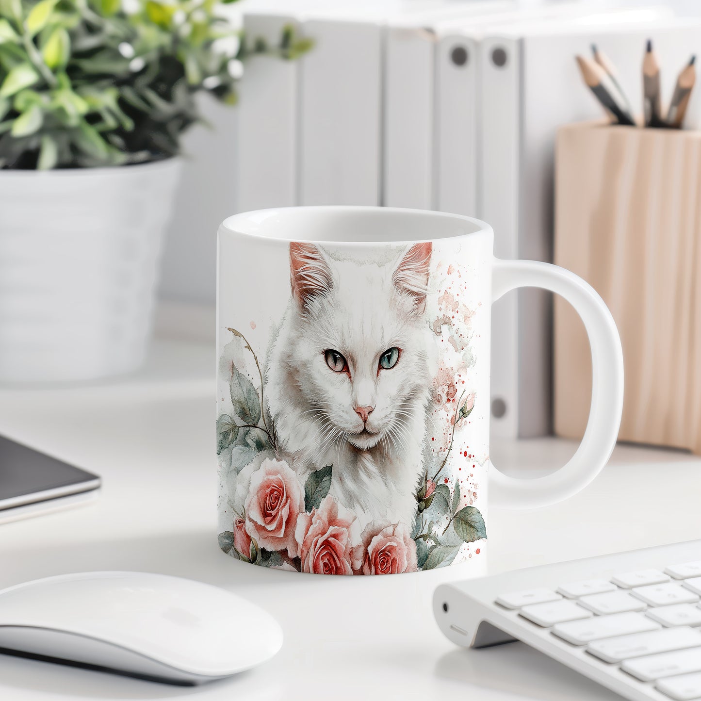 Elegantní hrnek s bílou kočkou a růžemi