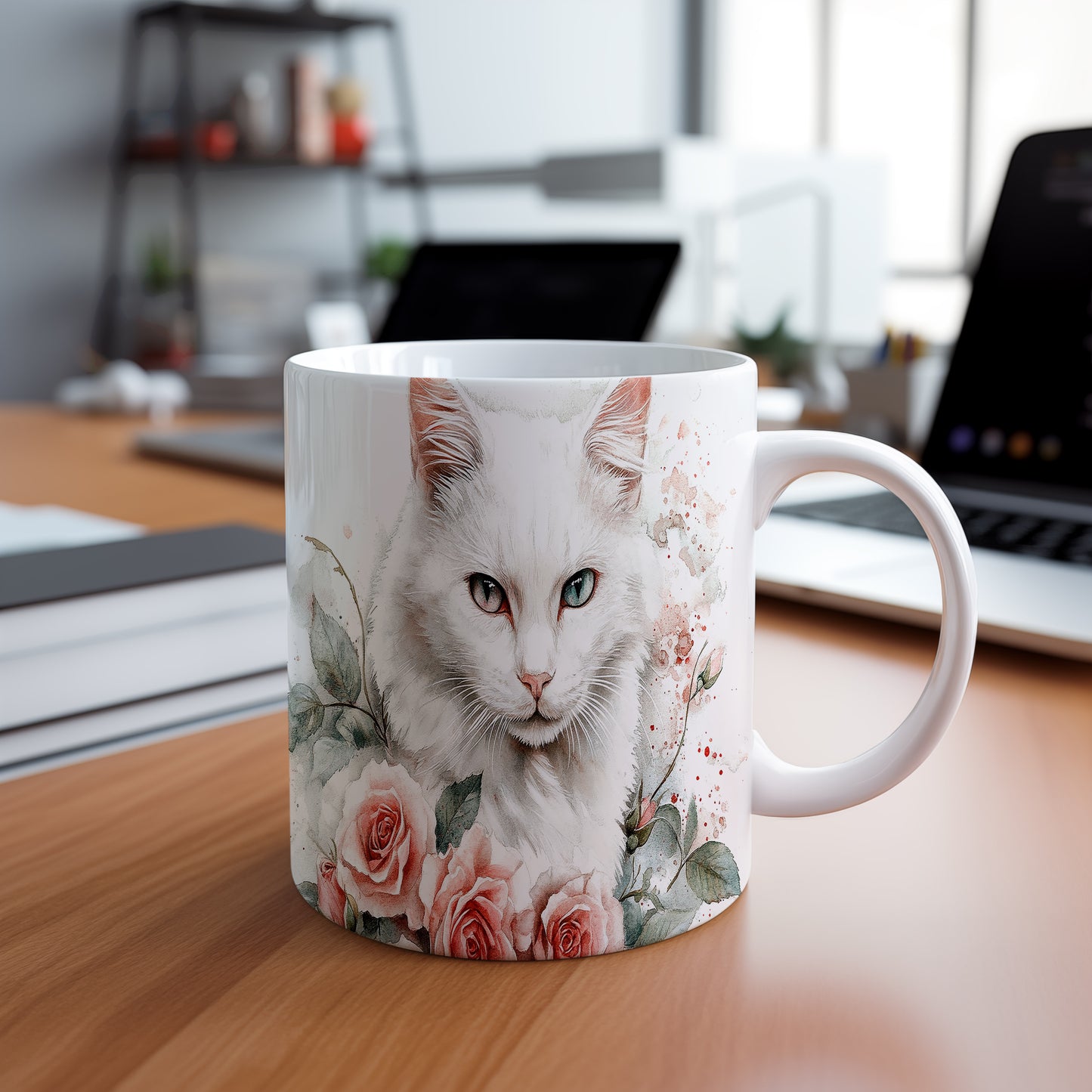 Elegantní hrnek s bílou kočkou a růžemi