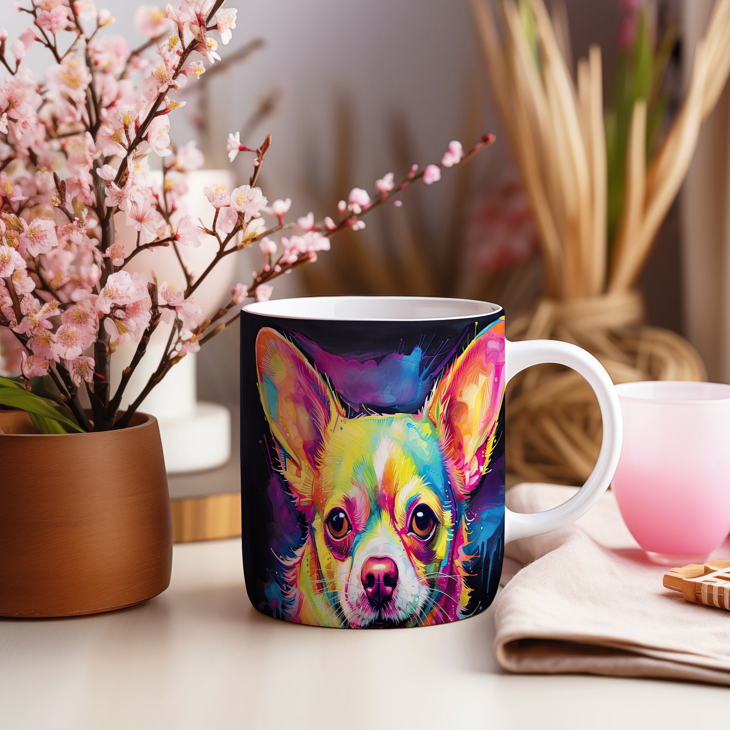 Hrnek s barevným portrétem čivavy a 3D efektem