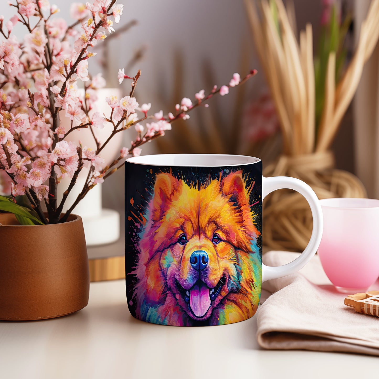 Hrnek s barevným chow-chow špicem