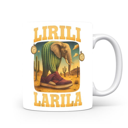 Hrnek s italským brainrotem – Lirili Larila (kaktusí slon v poušti, hodinky)