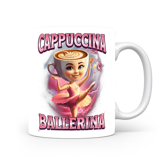 Hrnek s italským brainrotem – Cappuccina Ballerina — růžová baletka