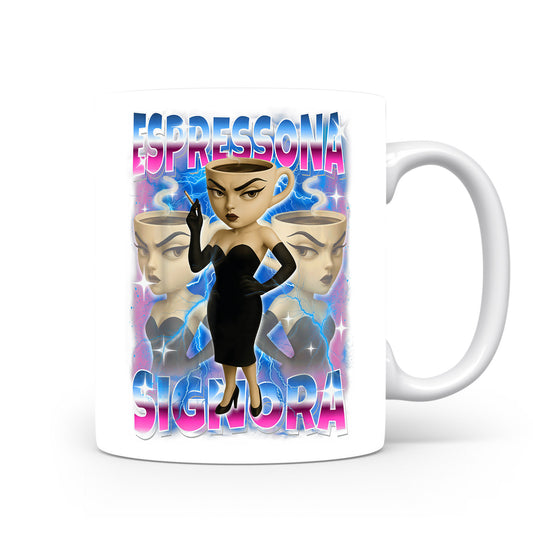 Hrnek s italským brainrotem – Espressona Signora — kávová dáma