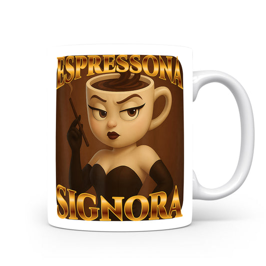 Hrnek s italským brainrotem – Espressona Signora — kávová diva (hnědá)
