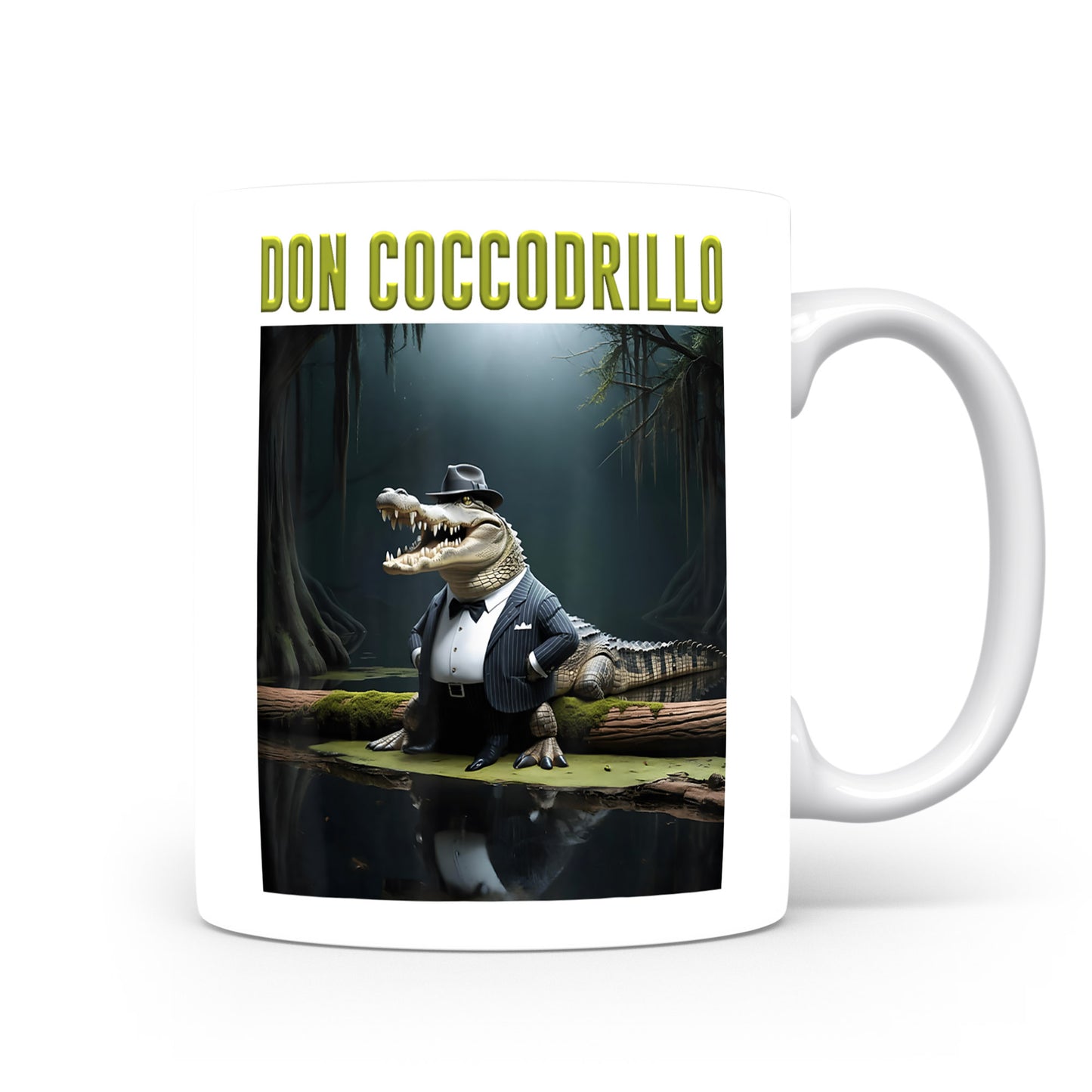 Hrnek s italským brainrotem – Don Coccodrillo — mafián krokodýl