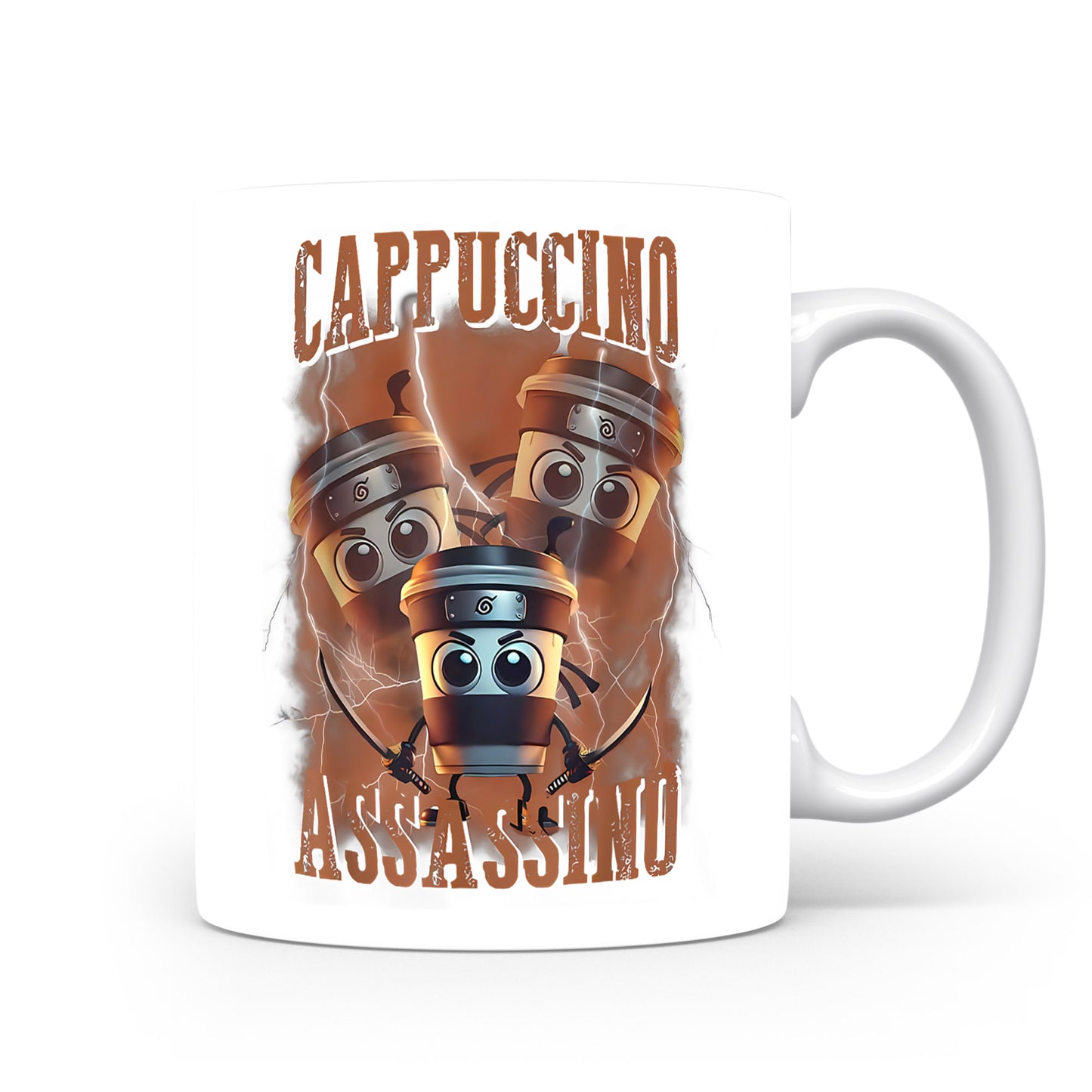 Hrnek s italským brainrotem – Cappuccino Assassino — bronzová aura