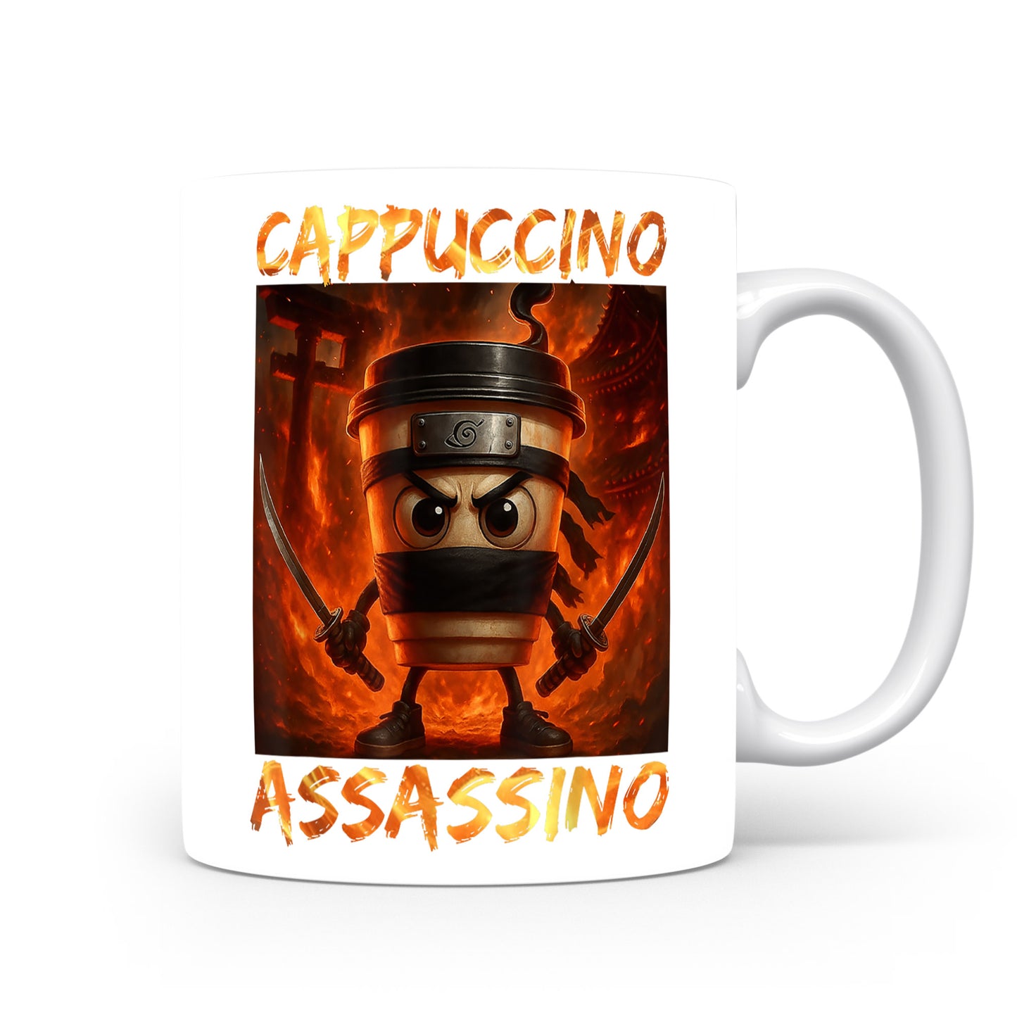 Hrnek s italským brainrotem – Cappuccino Assassino — ohnivá aura