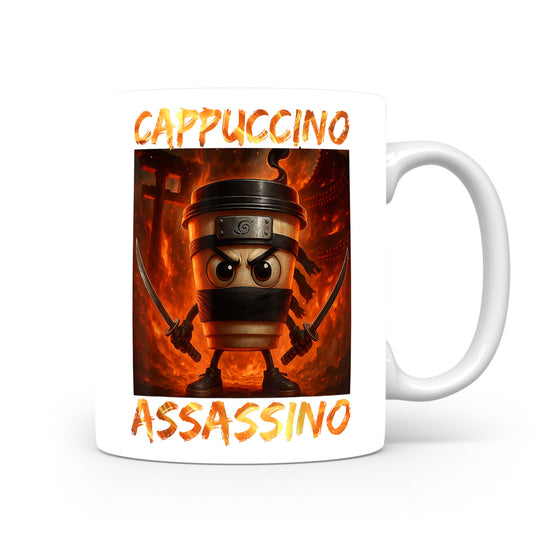 Hrnek s italským brainrotem – Cappuccino Assassino — ohnivá aura