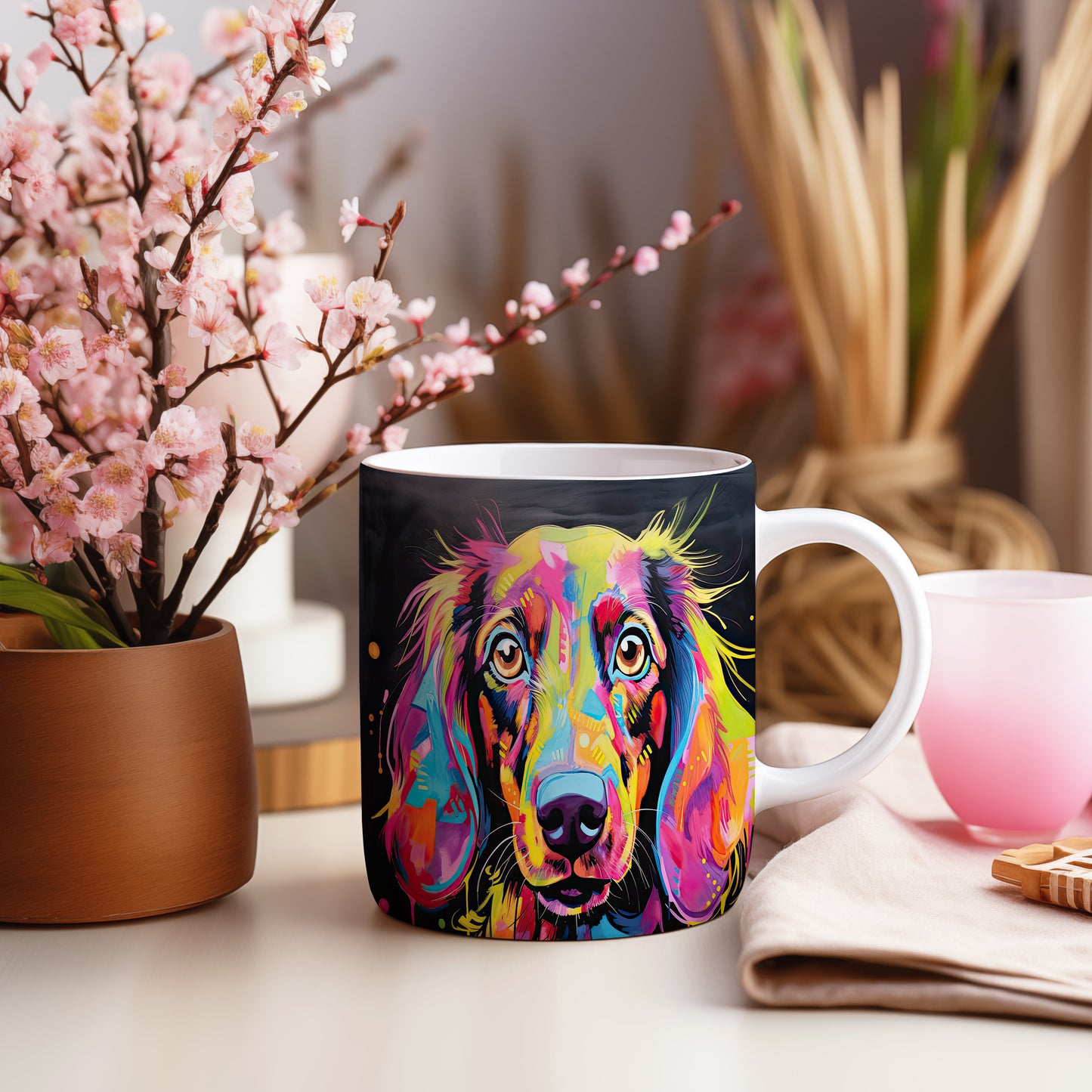 Hrnek s barevným retrívrem v pop-art stylu