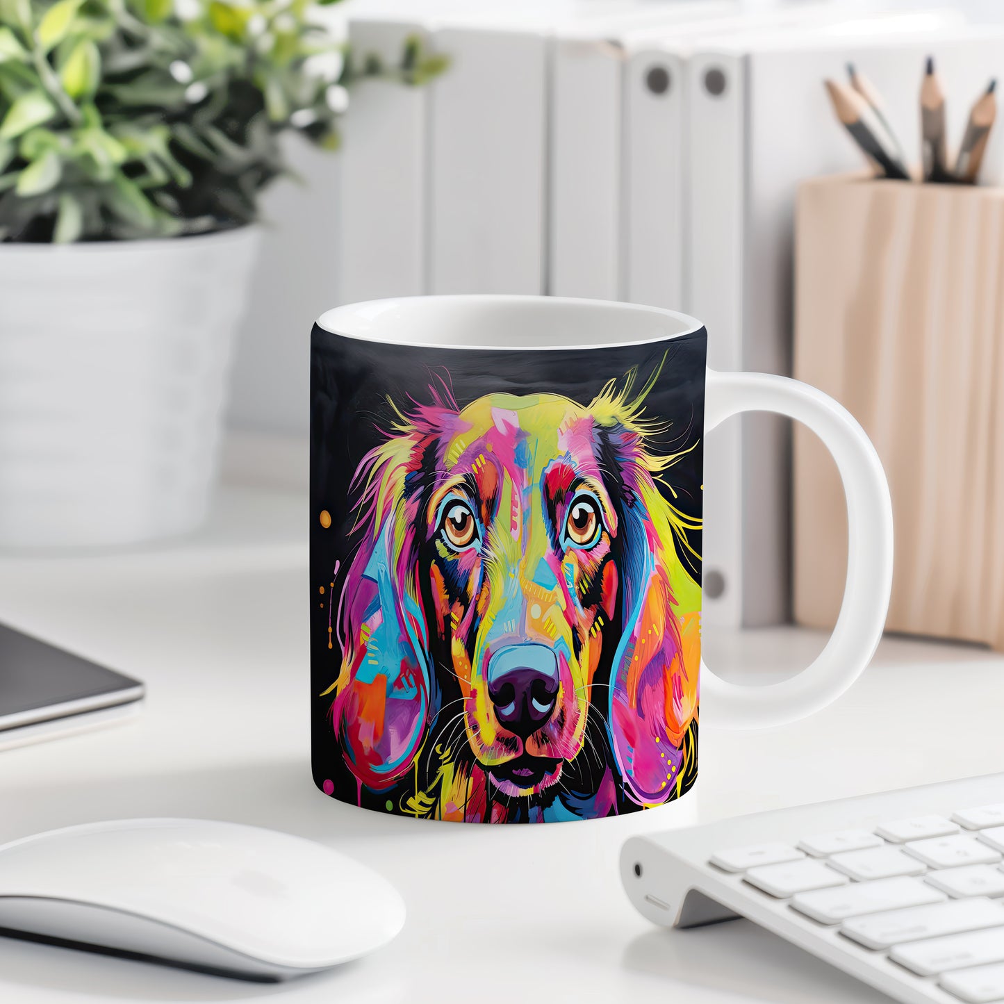 Hrnek s barevným retrívrem v pop-art stylu