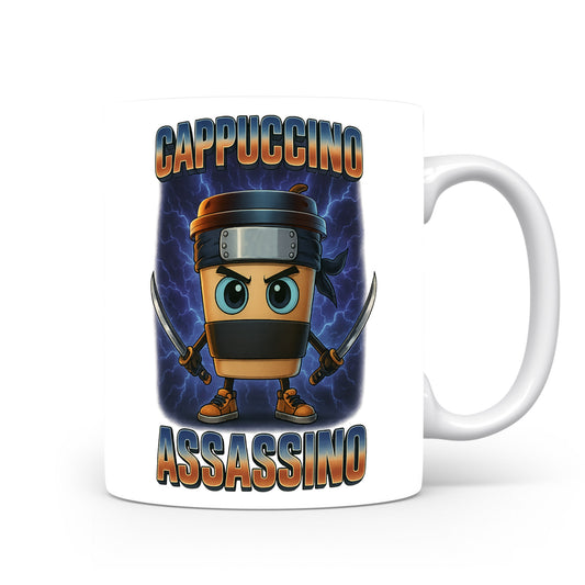 Hrnek s italským brainrotem – Cappuccino Assassino — tmavě modrá aura