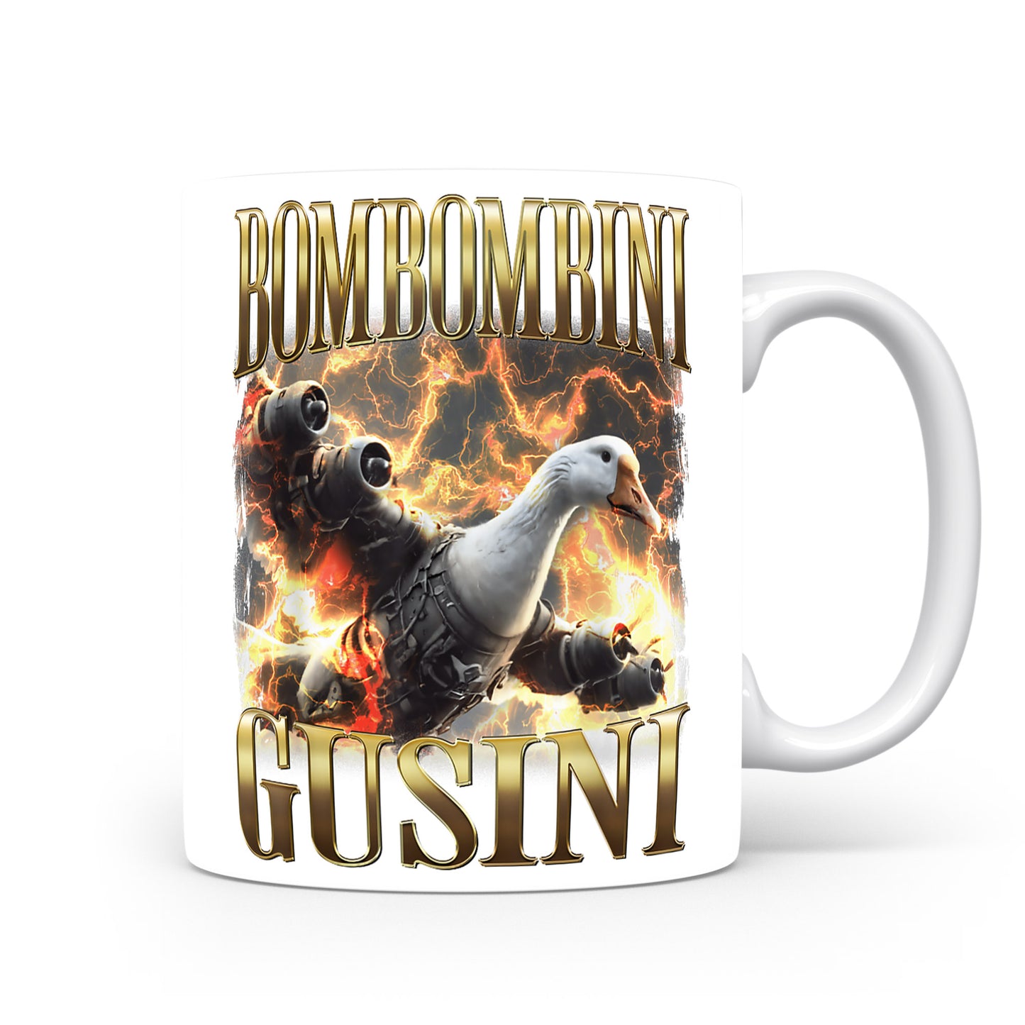 Hrnek s italským brainrotem – Bombombini Gusini — výbuch v pozadí