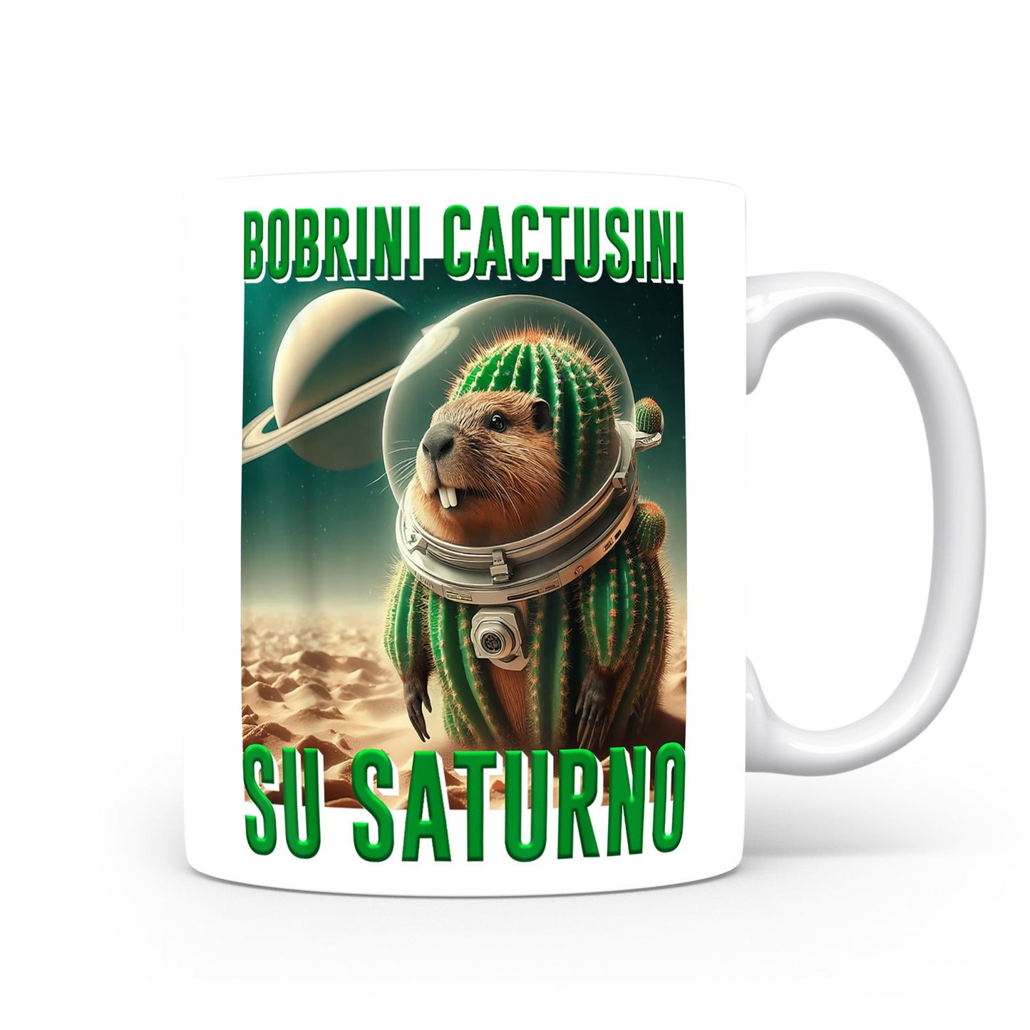 Hrnek s italským brainrotem – Bobrini Cactusini su Saturno — kaktus ve skafandru
