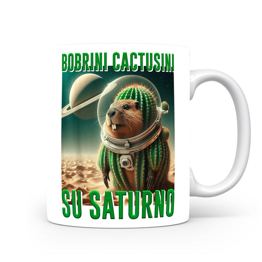 Hrnek s italským brainrotem – Bobrini Cactusini su Saturno — kaktus ve skafandru