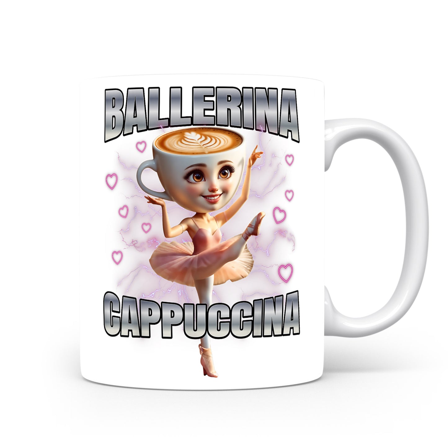 Hrnek s italským brainrotem – Ballerina Cappuccina — růžová (srdíčka)