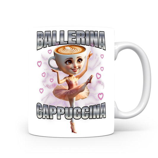 Hrnek s italským brainrotem – Ballerina Cappuccina — růžová (srdíčka)