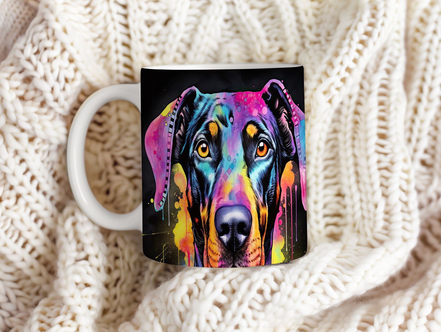 Hrnek s dobermanem v barevných tónech a vtipným designem