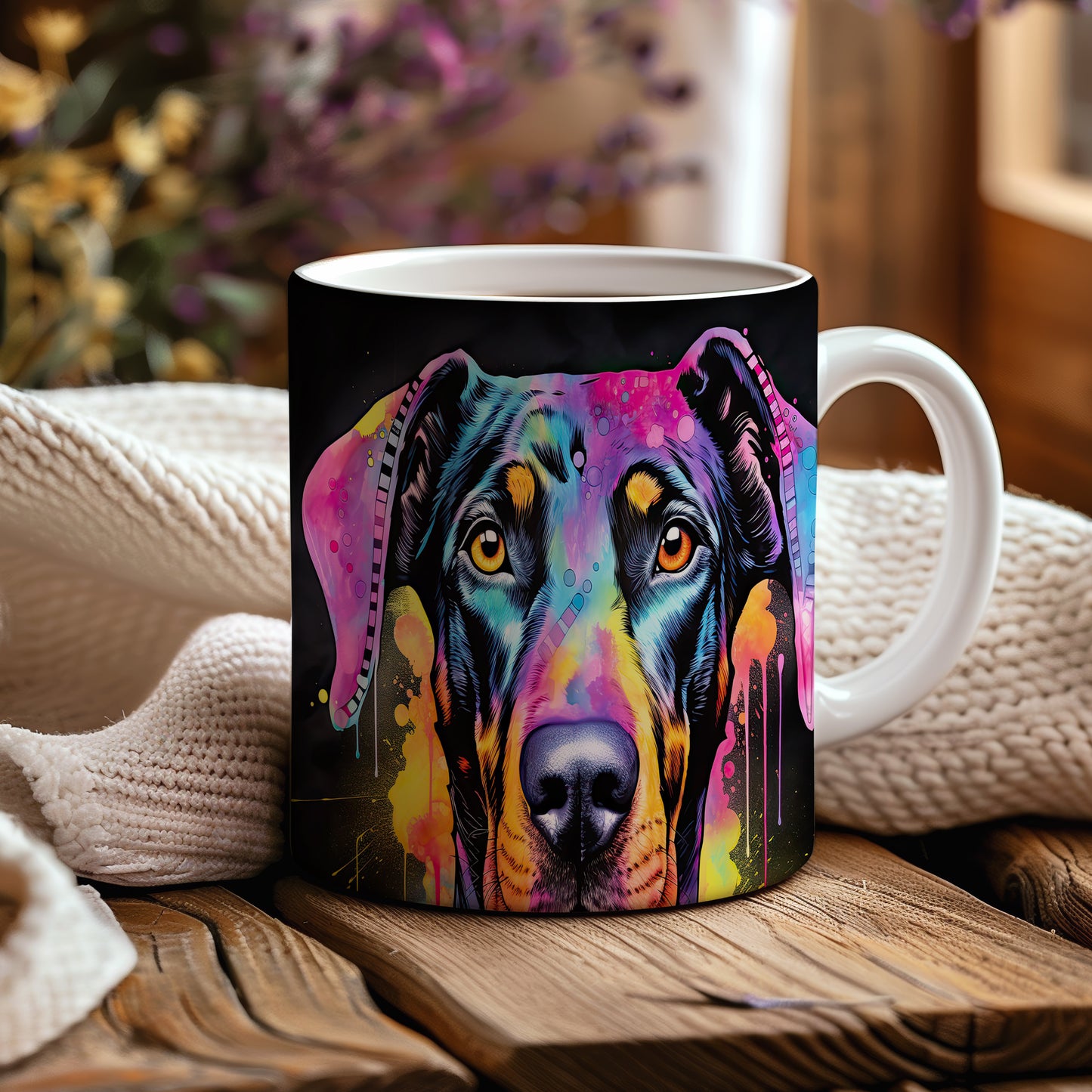 Hrnek s dobermanem v barevných tónech a vtipným designem