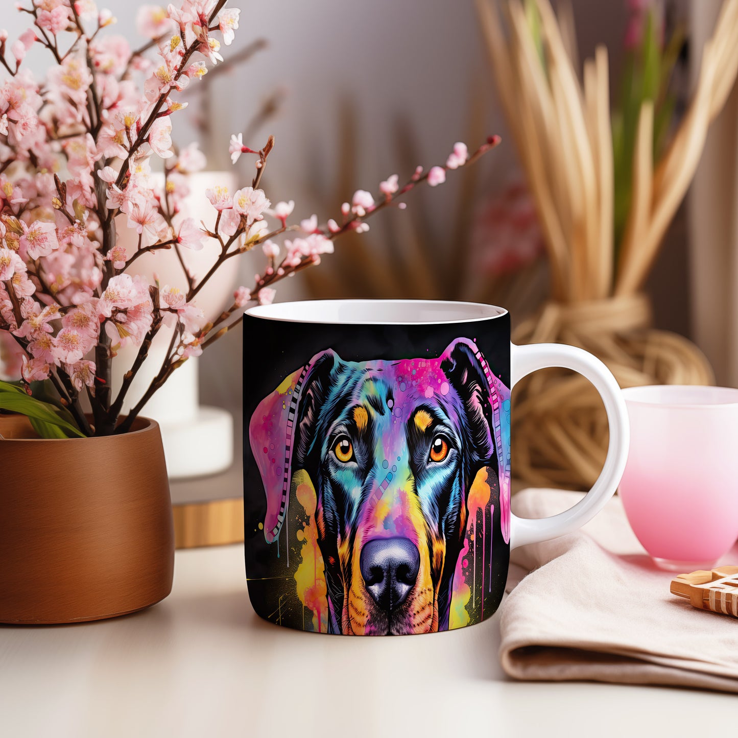 Hrnek s dobermanem v barevných tónech a vtipným designem