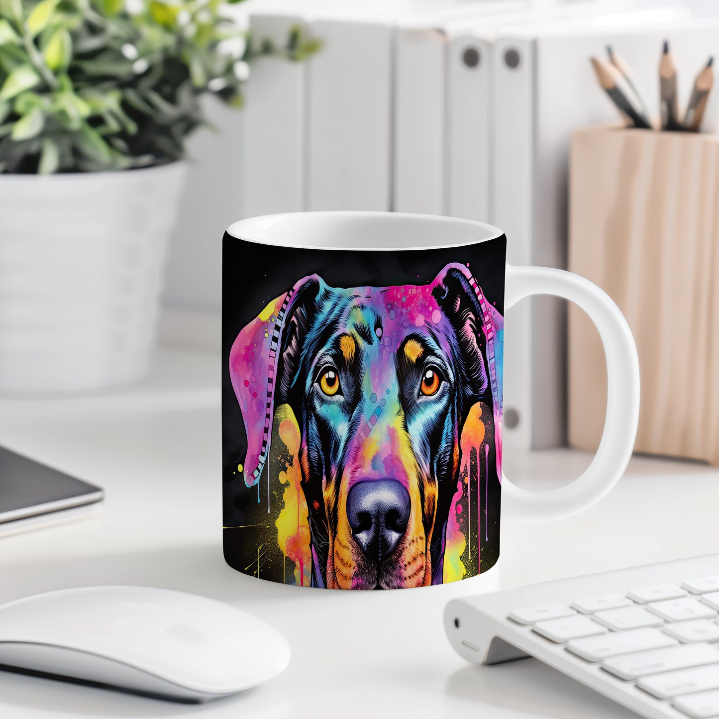 Hrnek s dobermanem v barevných tónech a vtipným designem